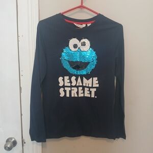 H&M X Sesame Street Navy Blue Long Sleeve Cookie Monster Sequin Shirt